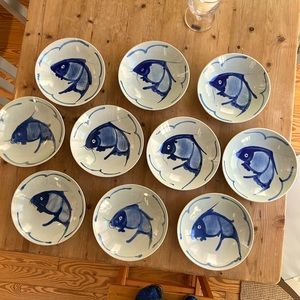 Vintage Large Chinese Blue & White Koi Carp Bowls 9”, Set of 10